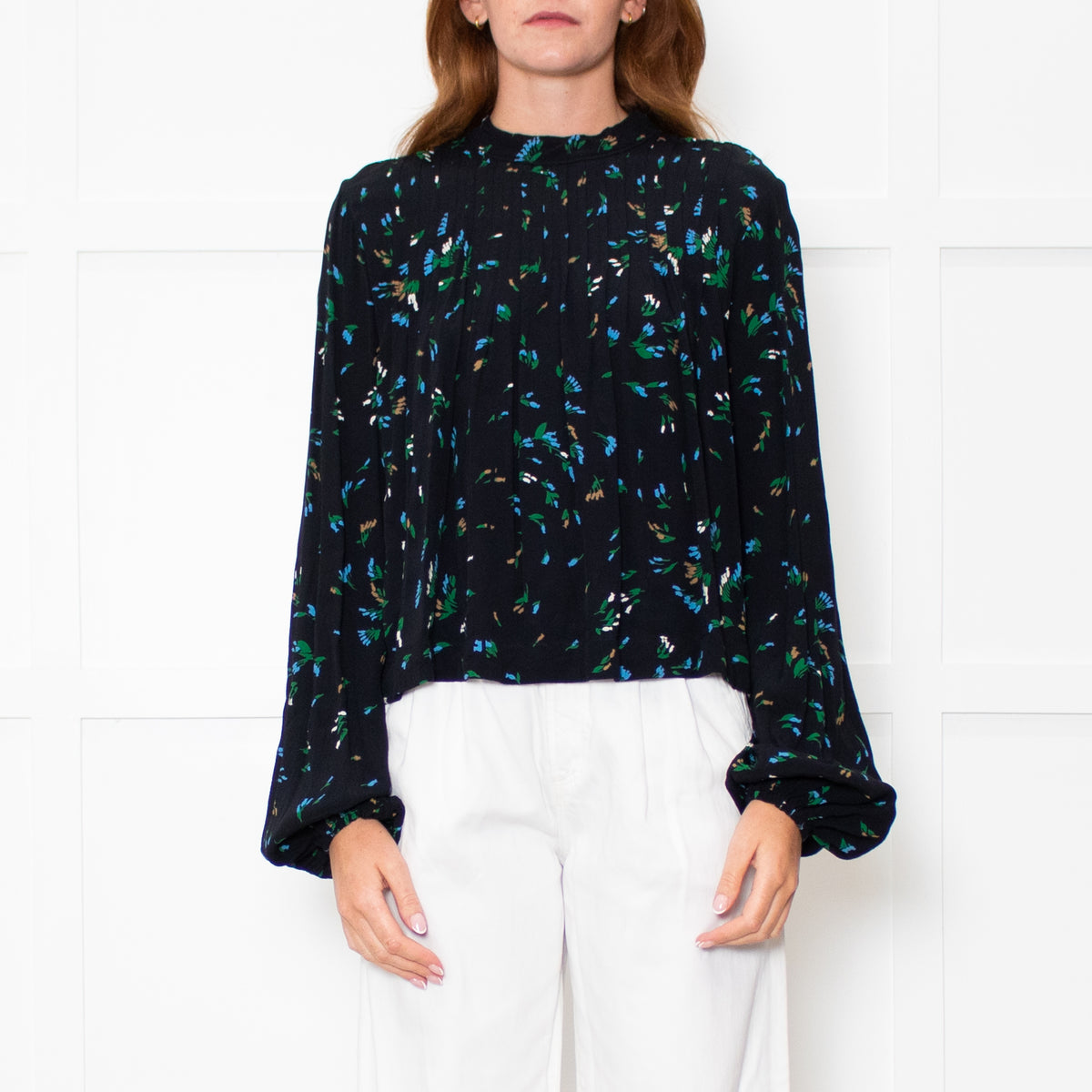 Ganni Black Blue Floral Long Sleeve Zip Back Top