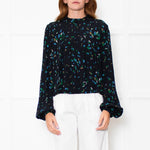 Ganni Black Blue Floral Long Sleeve Zip Back Top