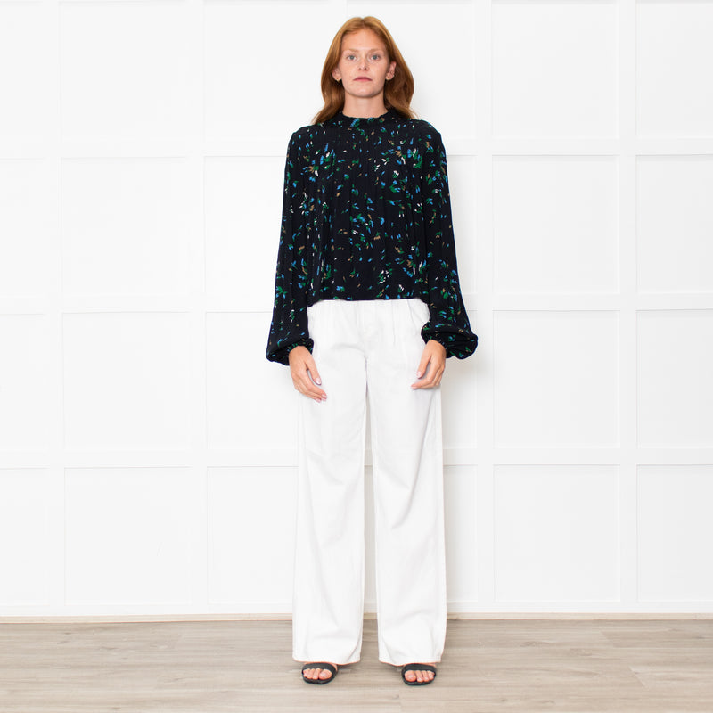 Ganni Black Blue Floral Long Sleeve Zip Back Top