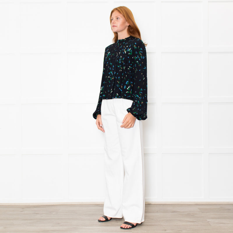 Ganni Black Blue Floral Long Sleeve Zip Back Top