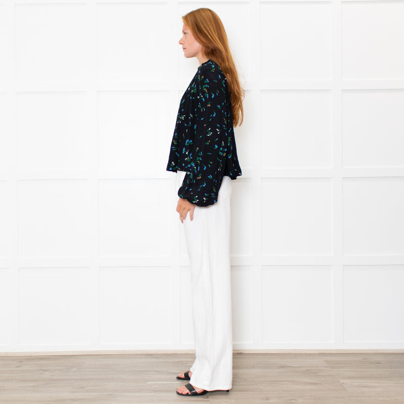 Ganni Black Blue Floral Long Sleeve Zip Back Top