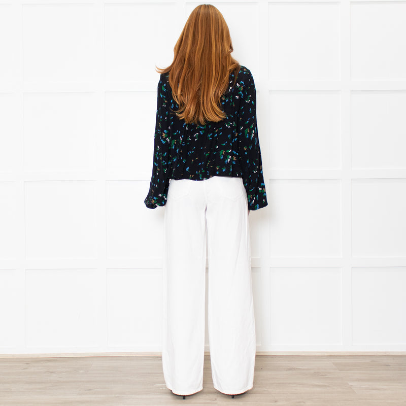 Ganni Black Blue Floral Long Sleeve Zip Back Top