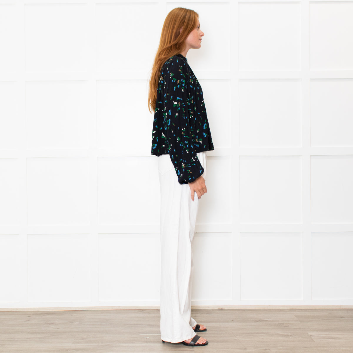 Ganni Black Blue Floral Long Sleeve Zip Back Top