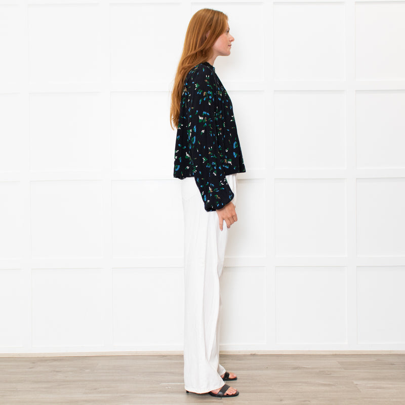 Ganni Black Blue Floral Long Sleeve Zip Back Top