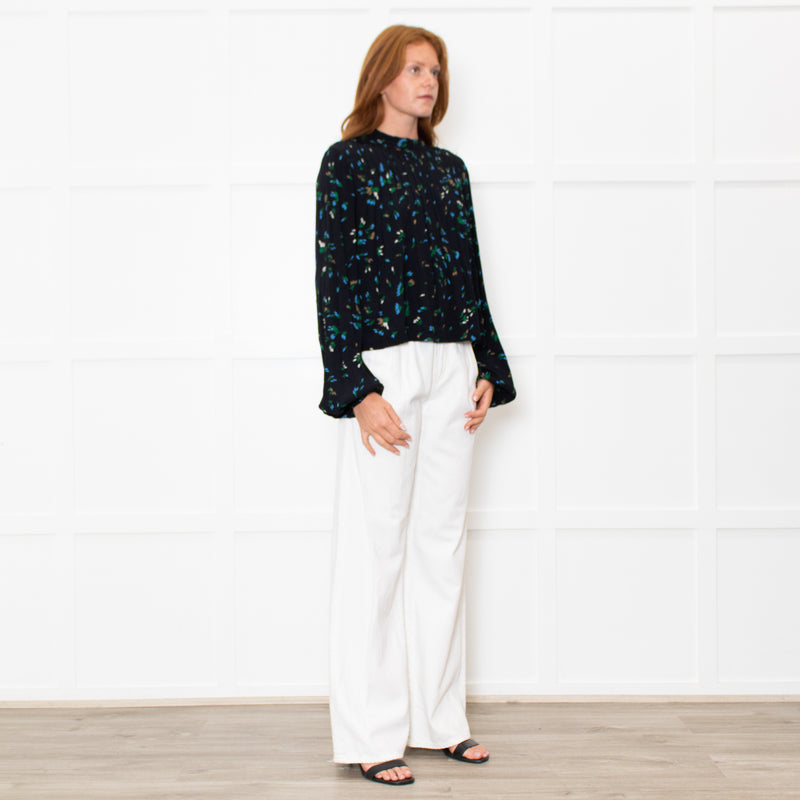 Ganni Black Blue Floral Long Sleeve Zip Back Top