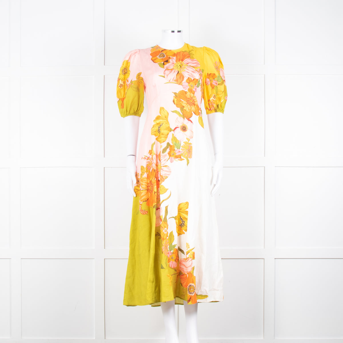 Alemais Orange Yellow Green Floral Linen Puff Sleeve Maxi Dress