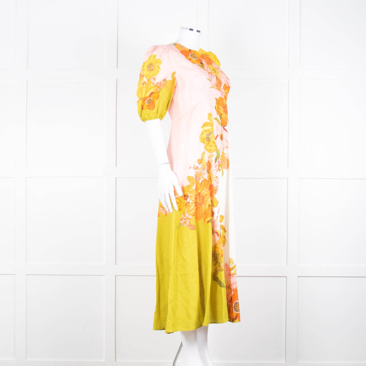 Alemais Orange Yellow Green Floral Linen Puff Sleeve Maxi Dress