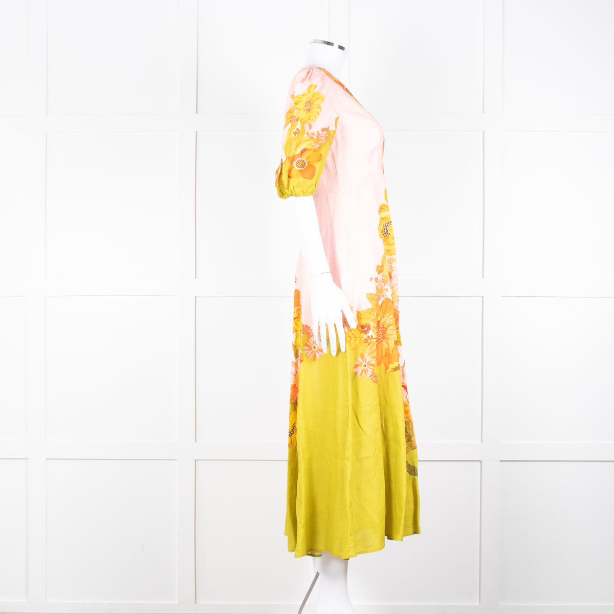 Alemais Orange Yellow Green Floral Linen Puff Sleeve Maxi Dress
