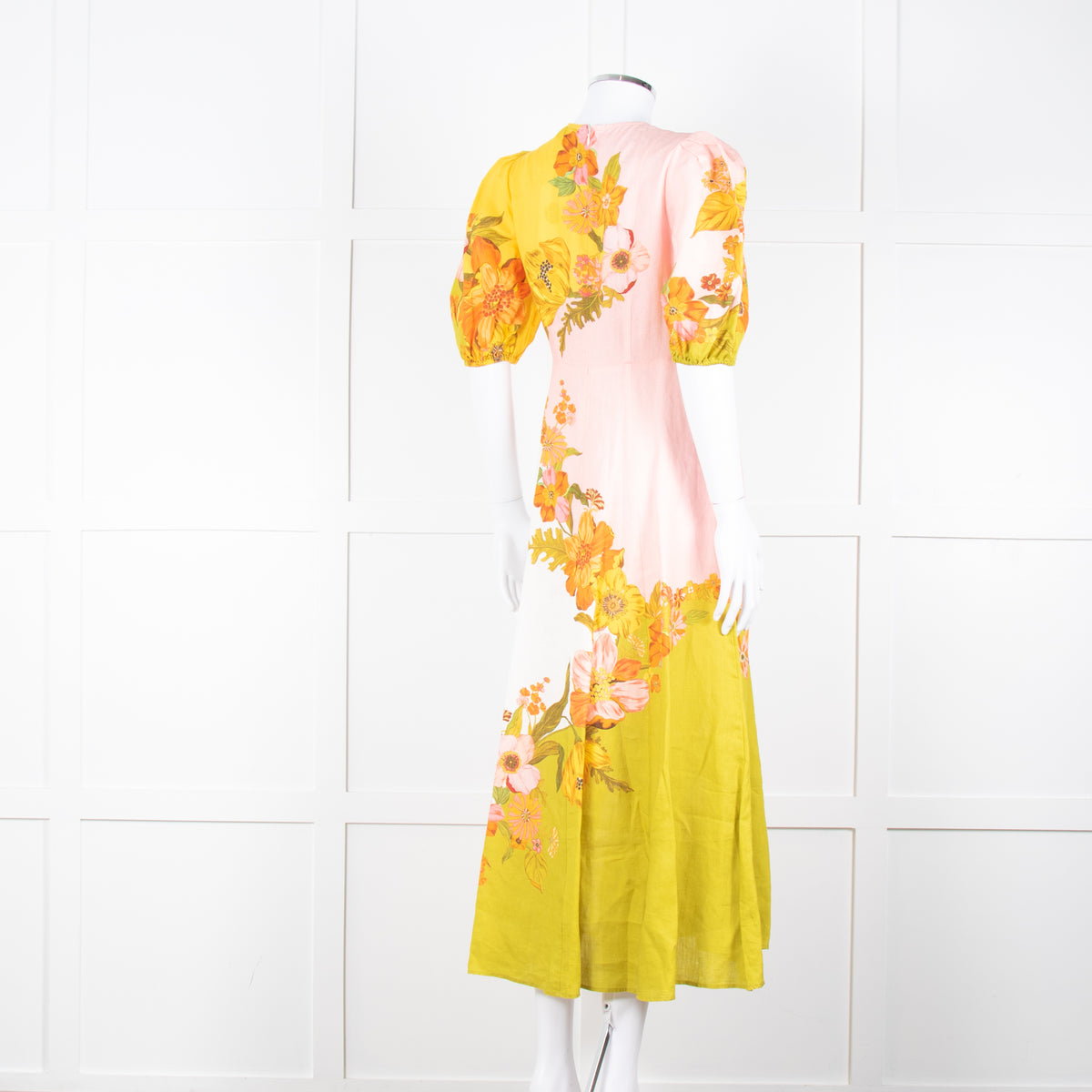 Alemais Orange Yellow Green Floral Linen Puff Sleeve Maxi Dress