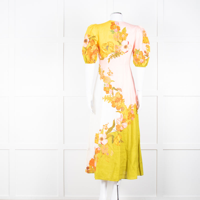 Alemais Orange Yellow Green Floral Linen Puff Sleeve Maxi Dress