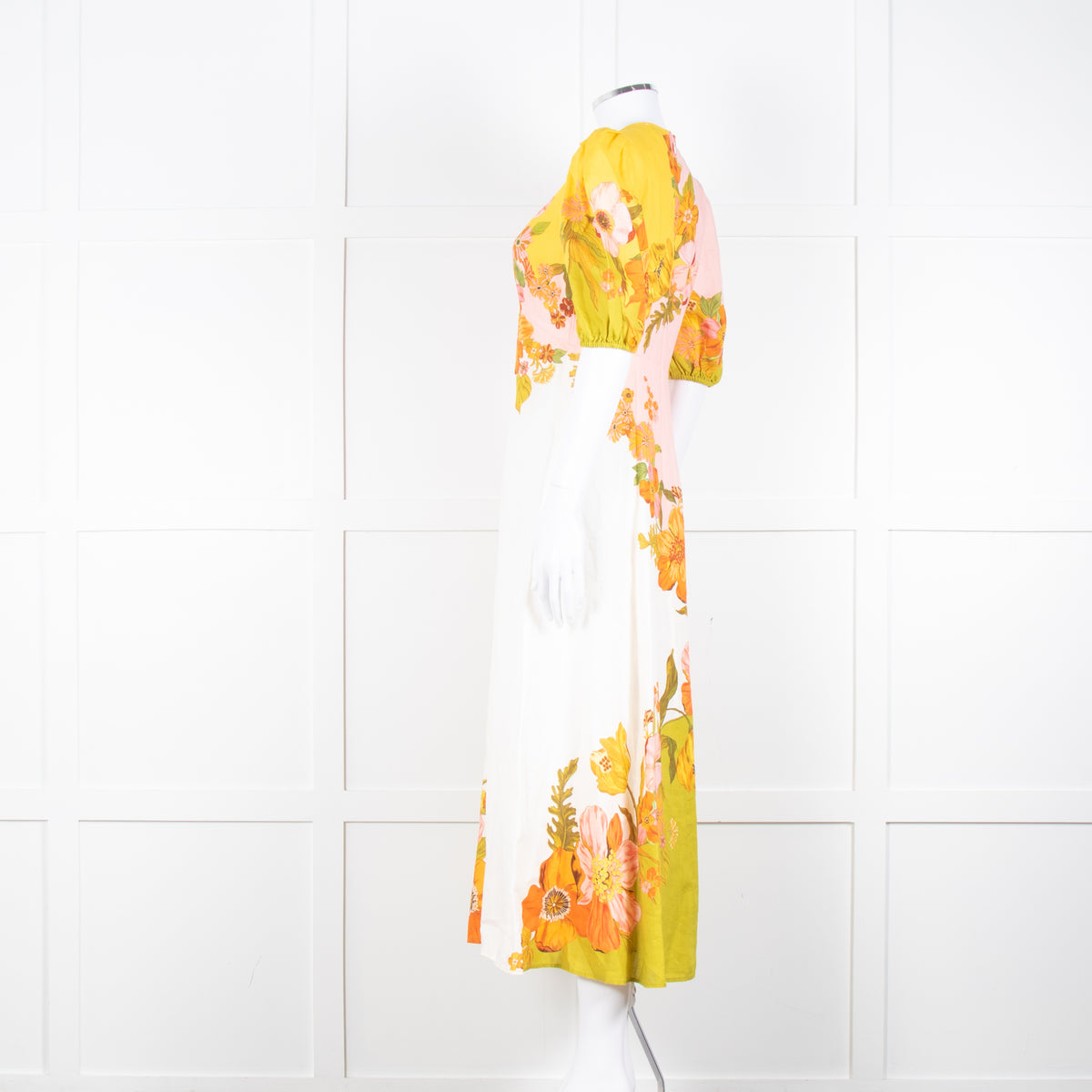 Alemais Orange Yellow Green Floral Linen Puff Sleeve Maxi Dress