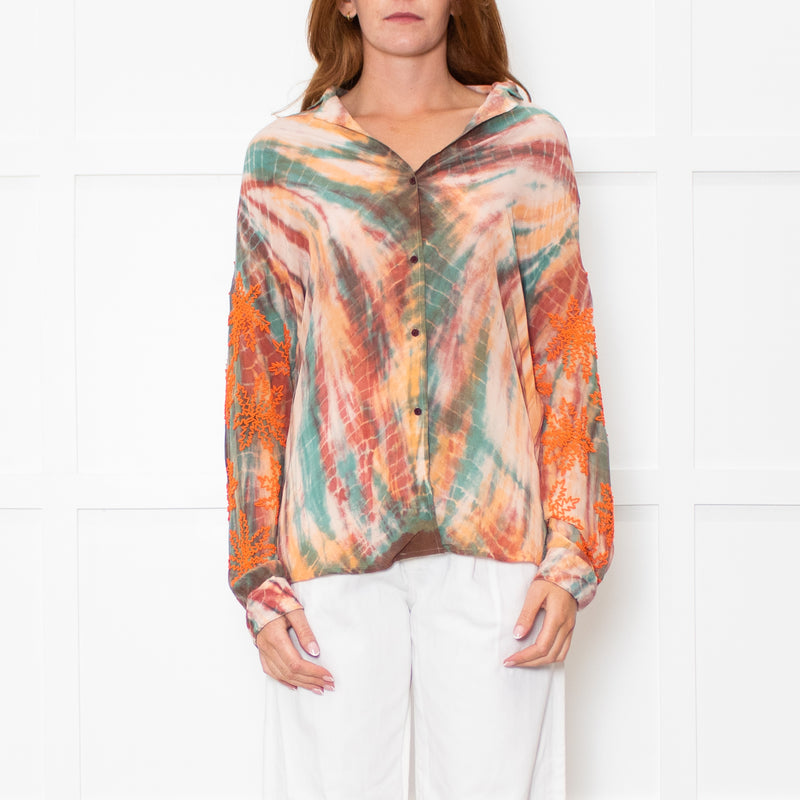 Sandro Orange Green Tie-Dye Embroidered Shirt