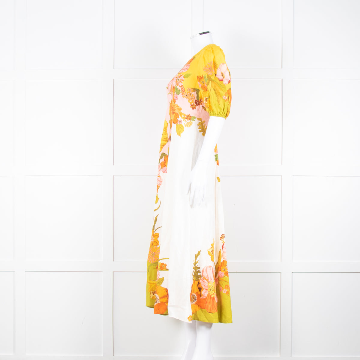 Alemais Orange Yellow Green Floral Linen Puff Sleeve Maxi Dress