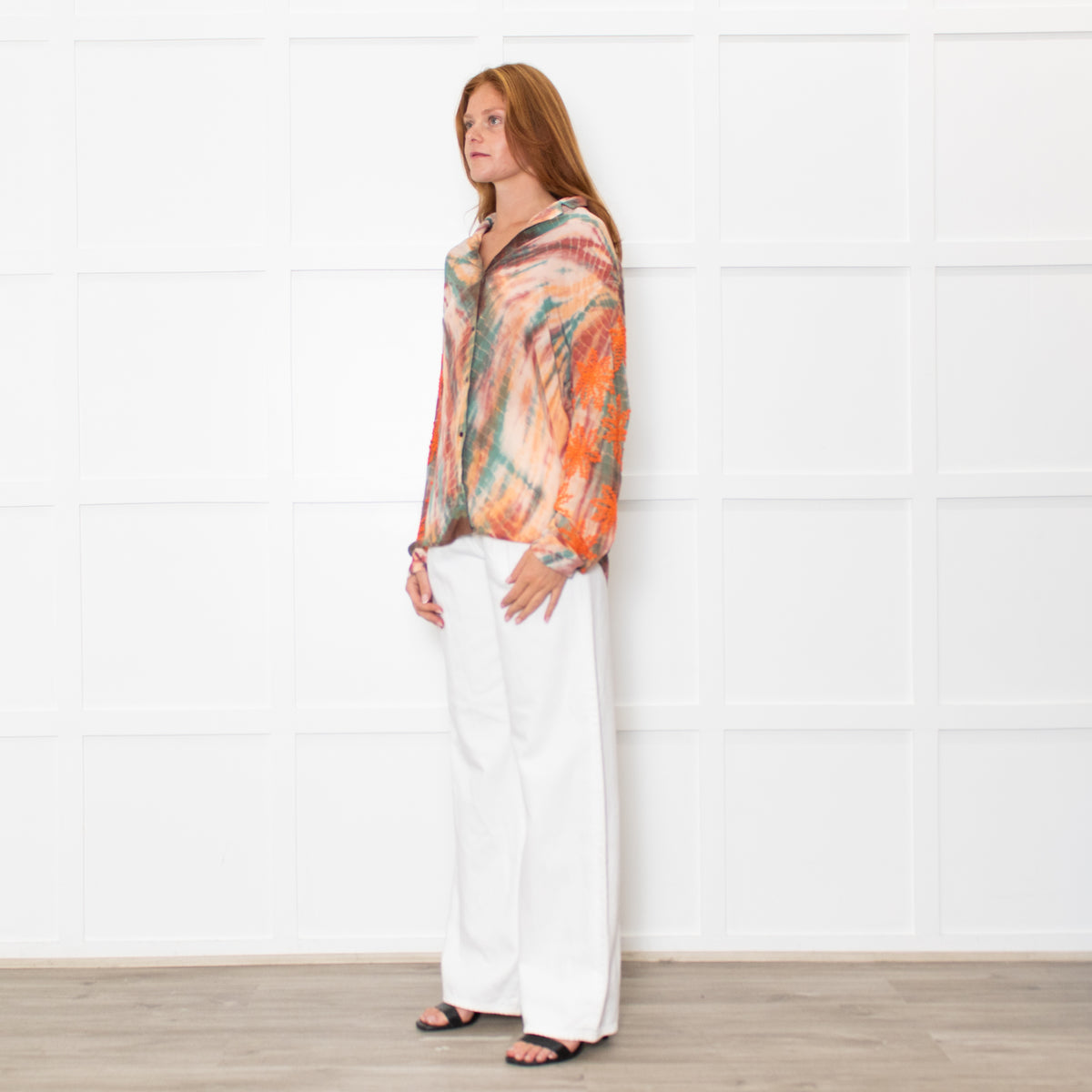 Sandro Orange Green Tie-Dye Embroidered Shirt