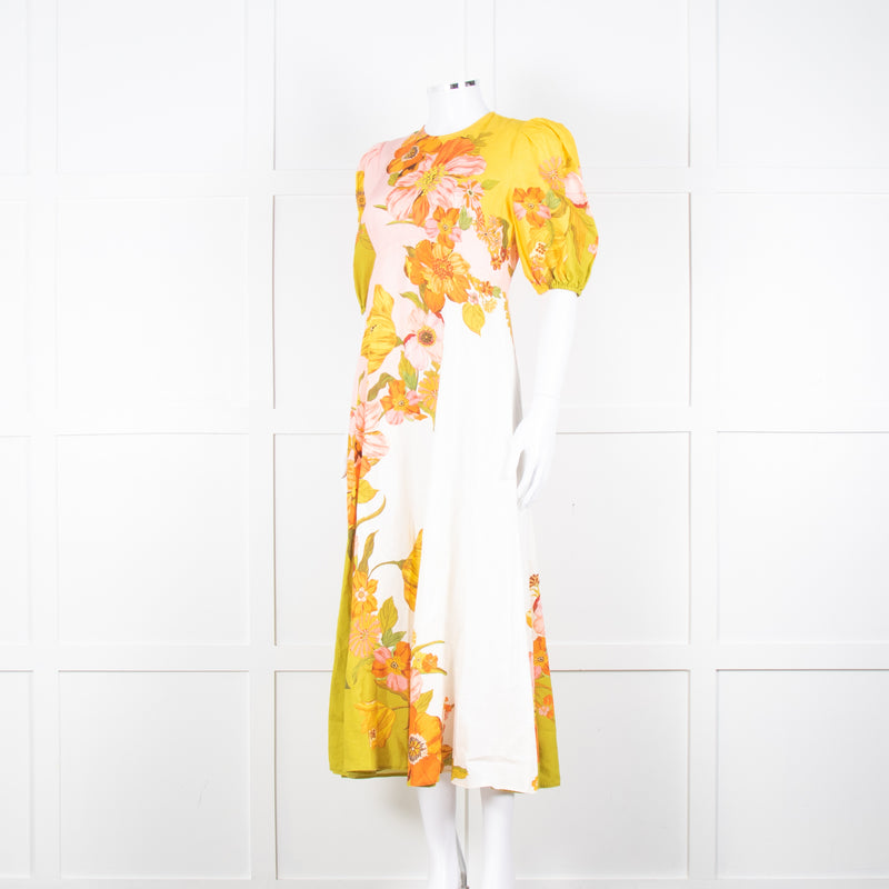 Alemais Orange Yellow Green Floral Linen Puff Sleeve Maxi Dress
