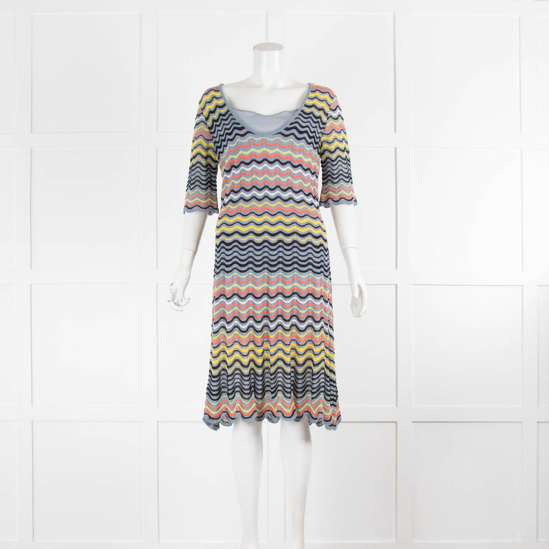 M Missoni Grey Yellow Zig Zag Short Sleeve Knit Dress