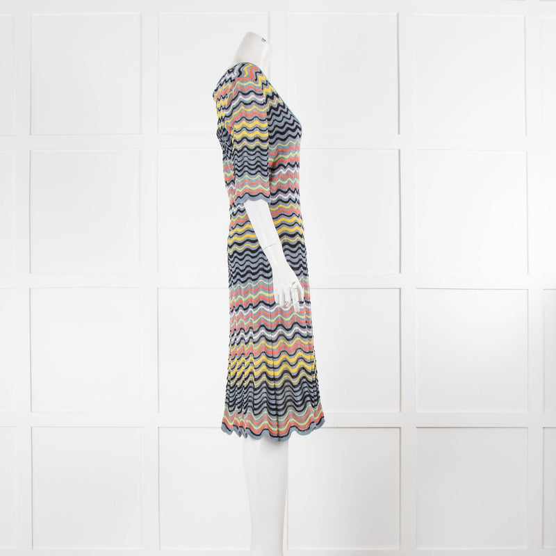 M Missoni Grey Yellow Zig Zag Short Sleeve Knit Dress