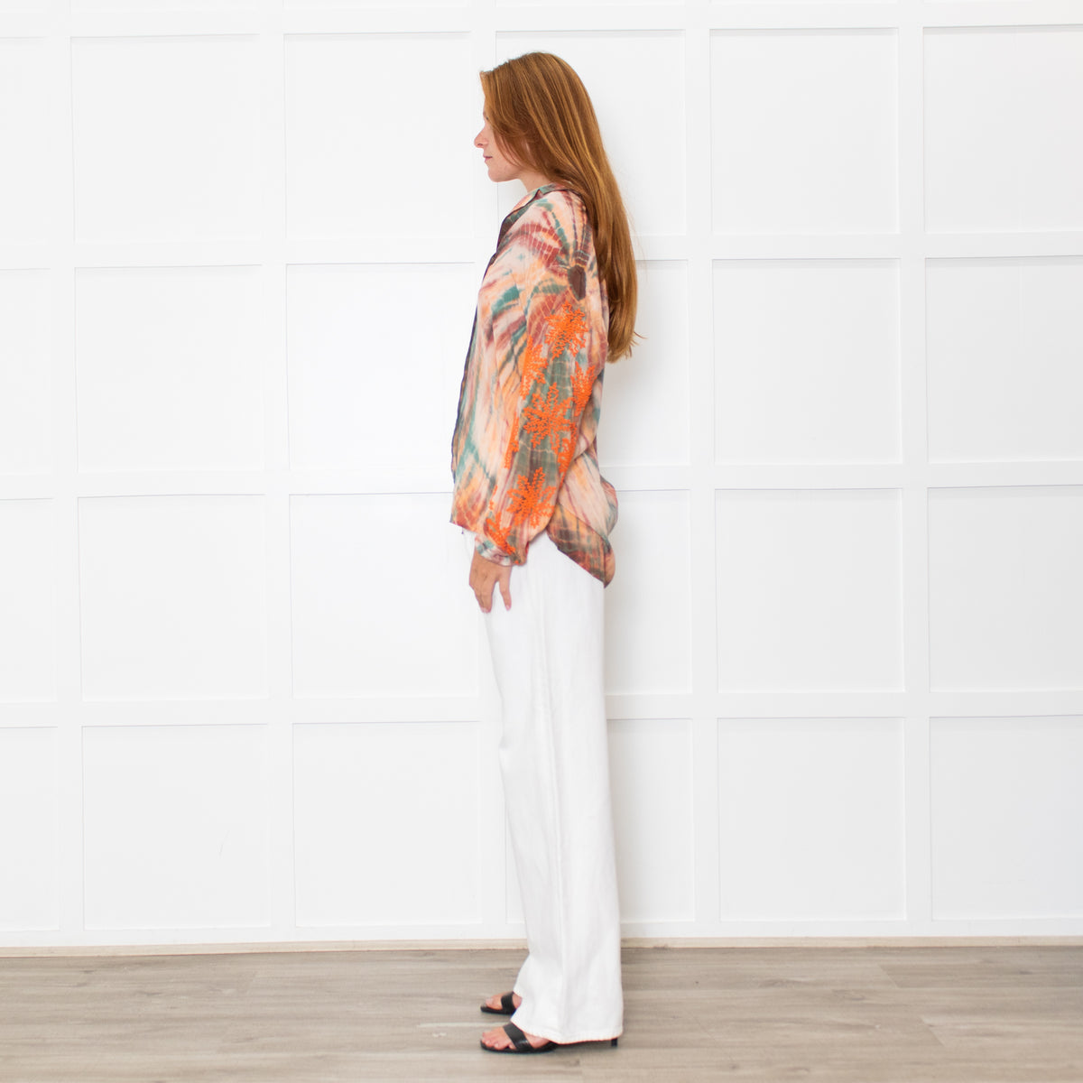 Sandro Orange Green Tie-Dye Embroidered Shirt