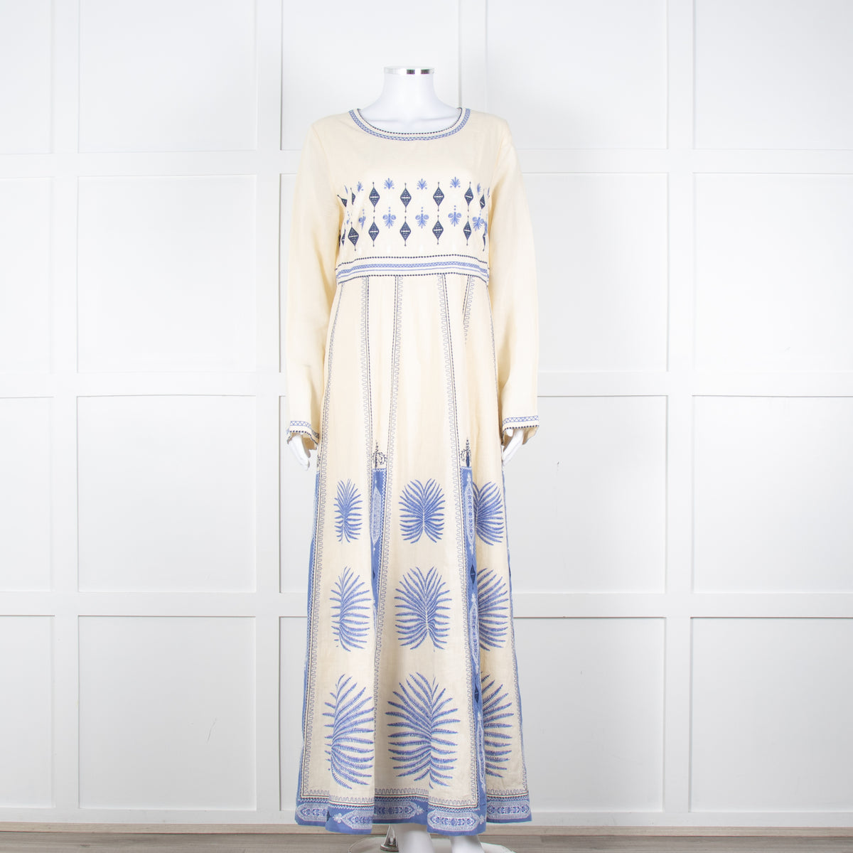 Emporio Sirenuse Cream Blue Embroidery Cotton Linen Blend Maxi Dress6