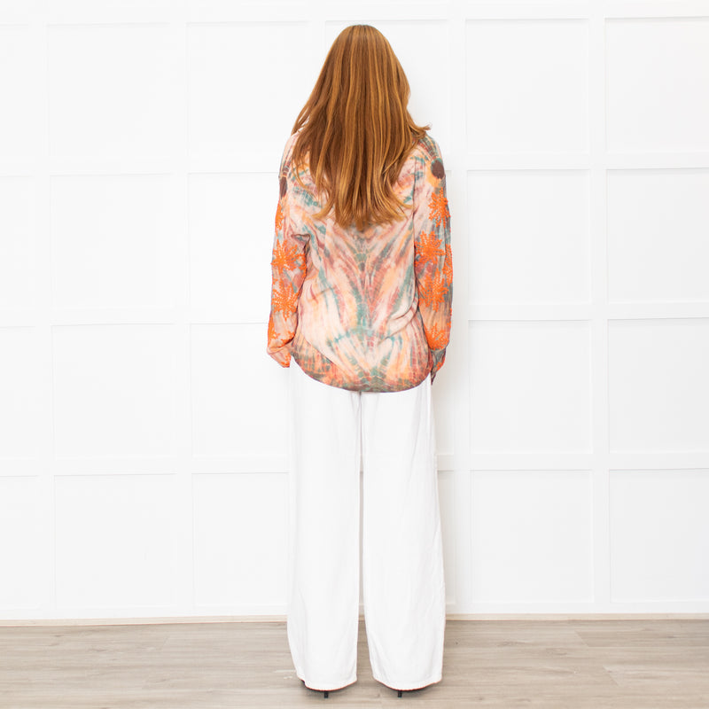 Sandro Orange Green Tie-Dye Embroidered Shirt