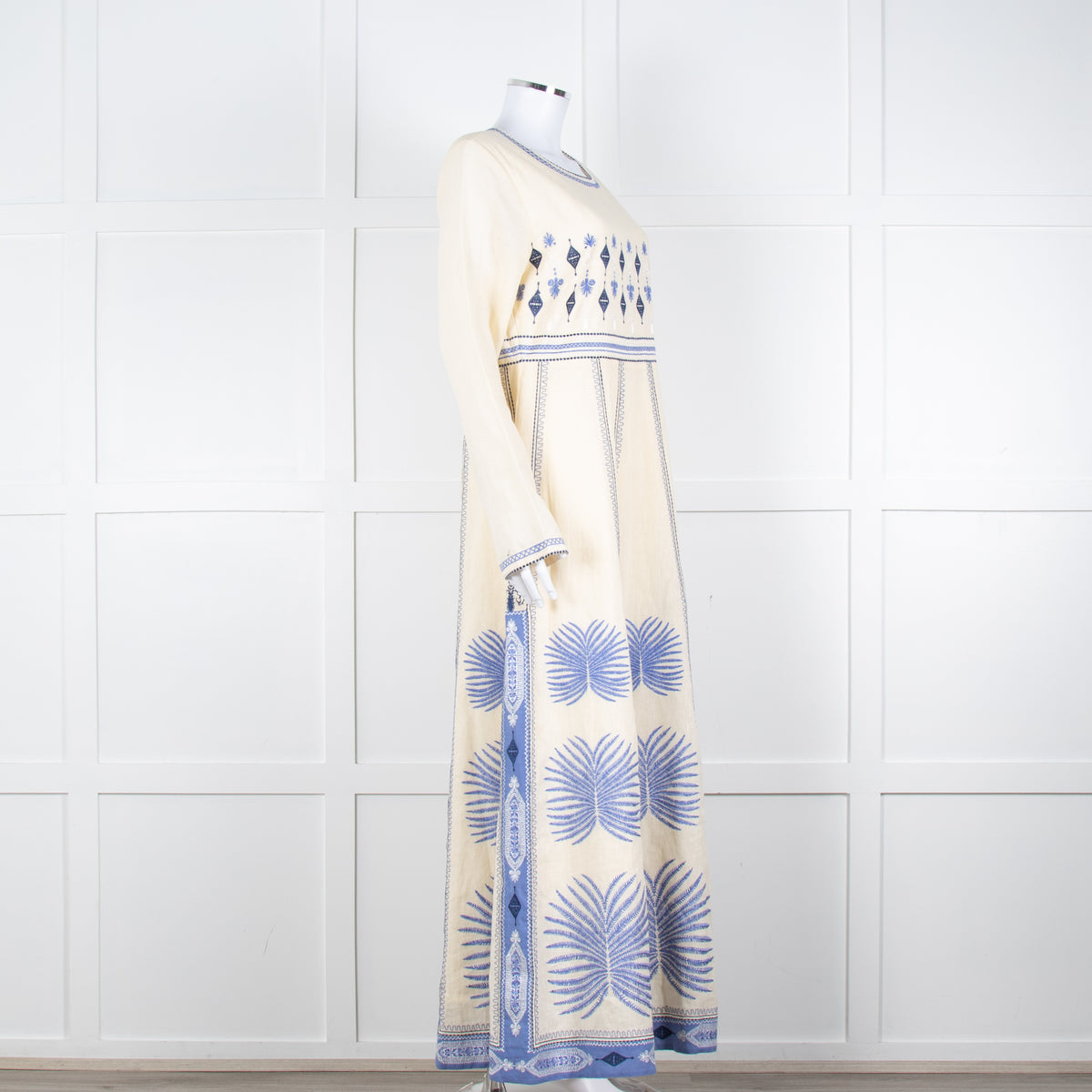 Emporio Sirenuse Cream Blue Embroidery Cotton Linen Blend Maxi Dress6