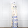 Emporio Sirenuse Cream Blue Embroidery Cotton Linen Blend Maxi Dress6
