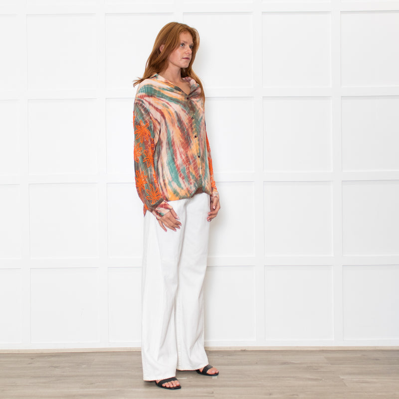 Sandro Orange Green Tie-Dye Embroidered Shirt