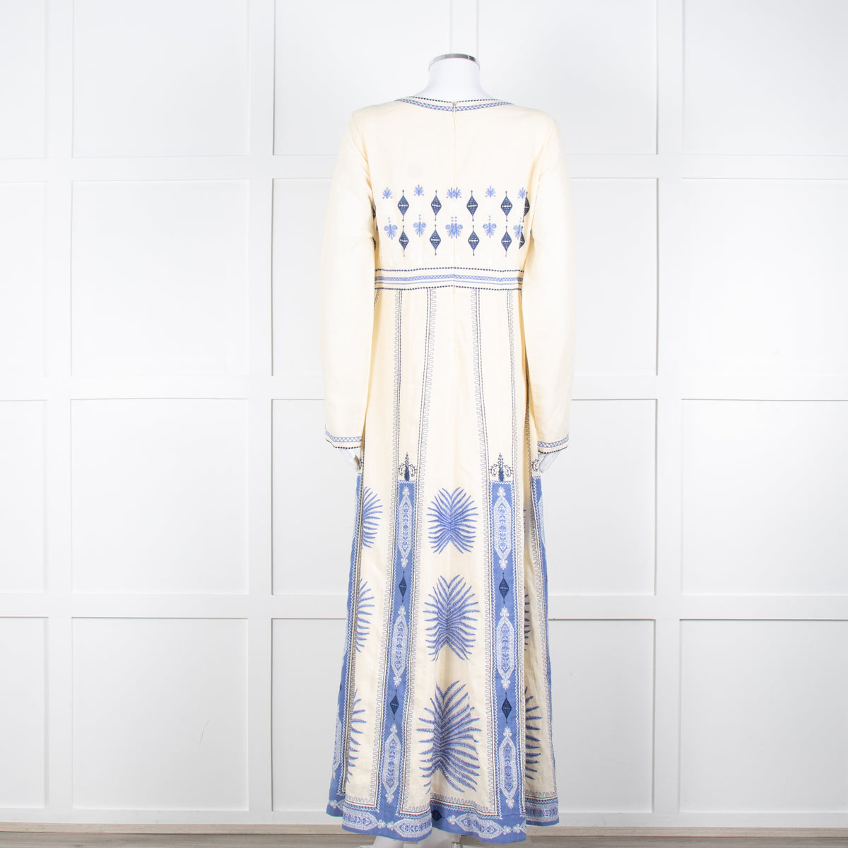 Emporio Sirenuse Cream Blue Embroidery Cotton Linen Blend Maxi Dress6