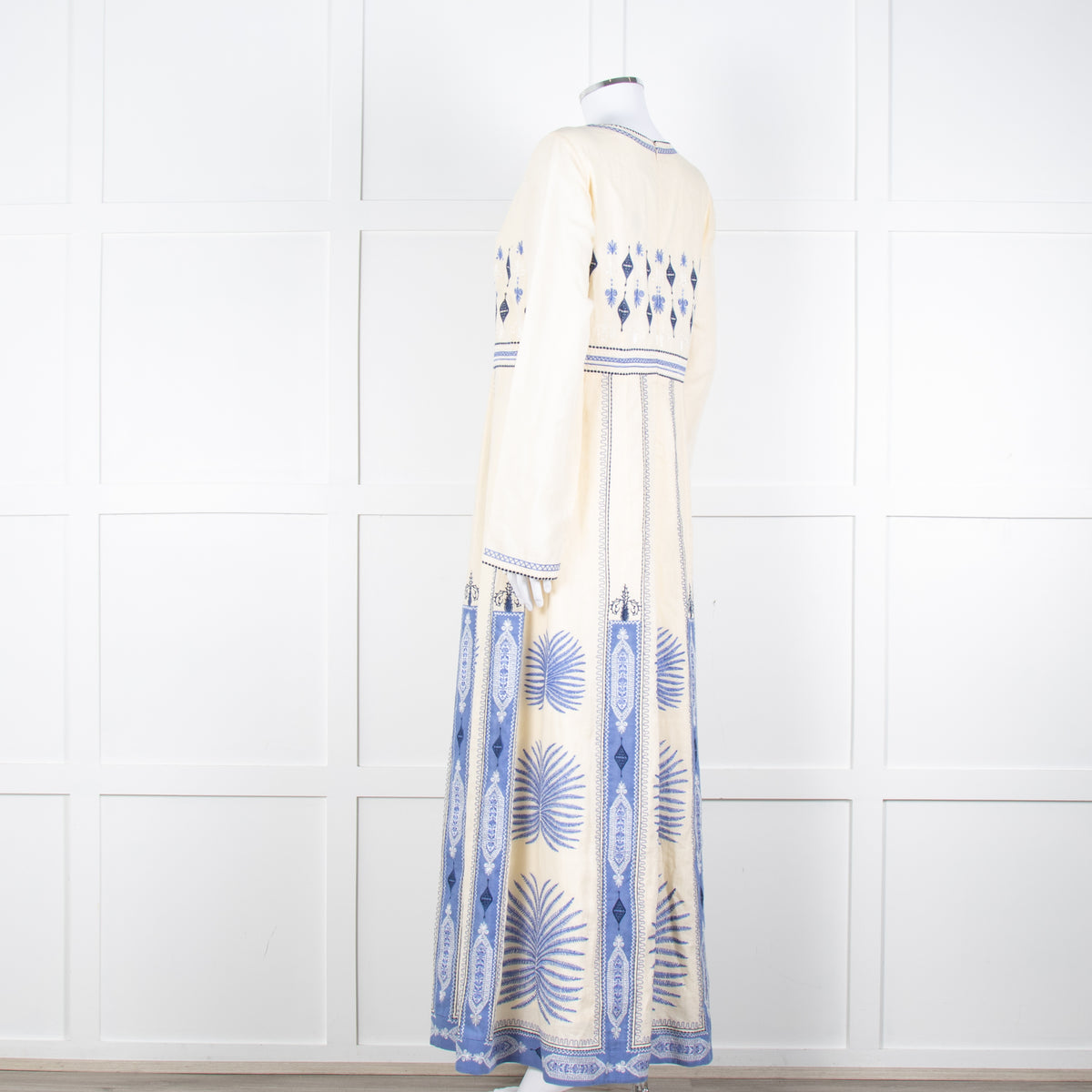 Emporio Sirenuse Cream Blue Embroidery Cotton Linen Blend Maxi Dress6