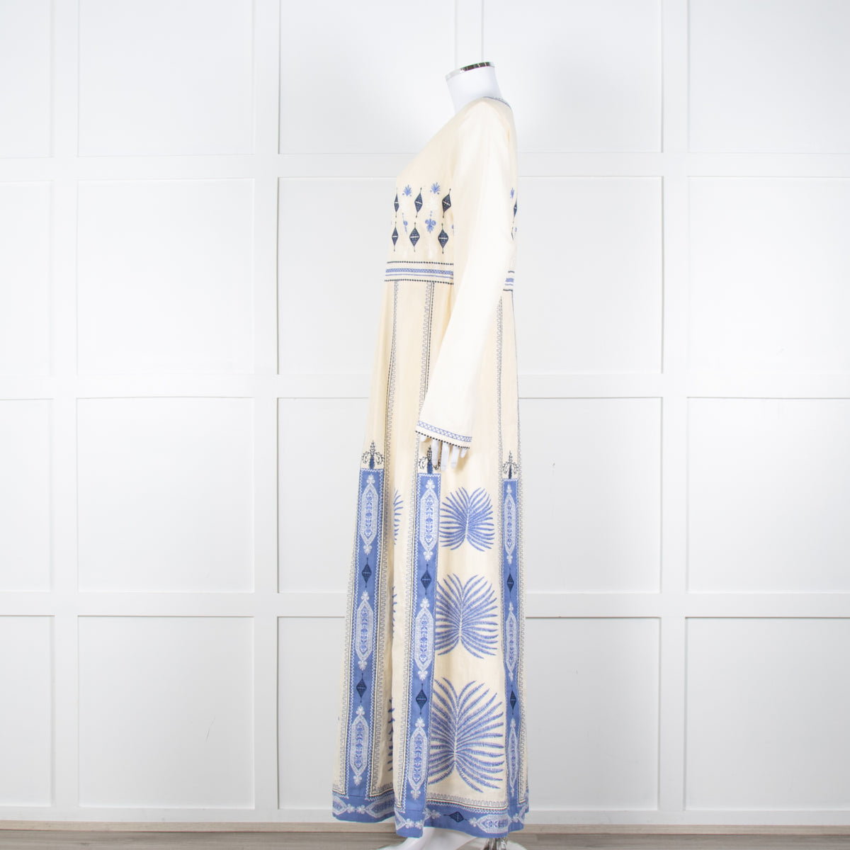 Emporio Sirenuse Cream Blue Embroidery Cotton Linen Blend Maxi Dress6