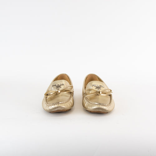 Prada Gold Logo Flat Loafer Shoes