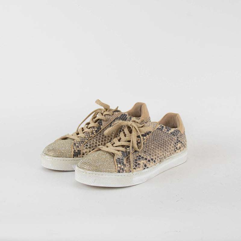 Rene Caovilla Beige Snake Skin Diamante Toe Trainers
