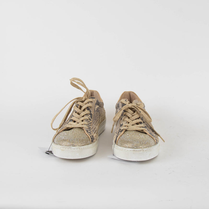 Rene Caovilla Beige Snake Skin Diamante Toe Trainers