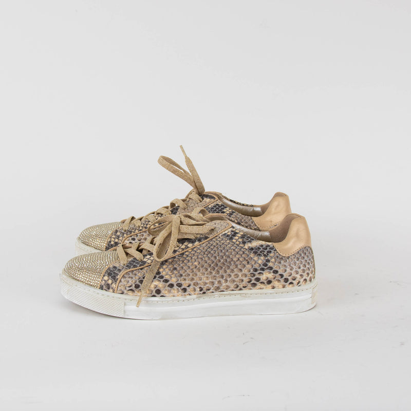 Rene Caovilla Beige Snake Skin Diamante Toe Trainers