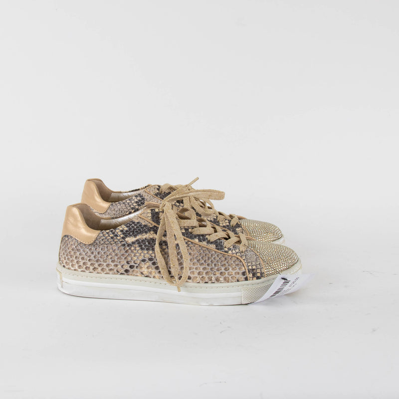 Rene Caovilla Beige Snake Skin Diamante Toe Trainers