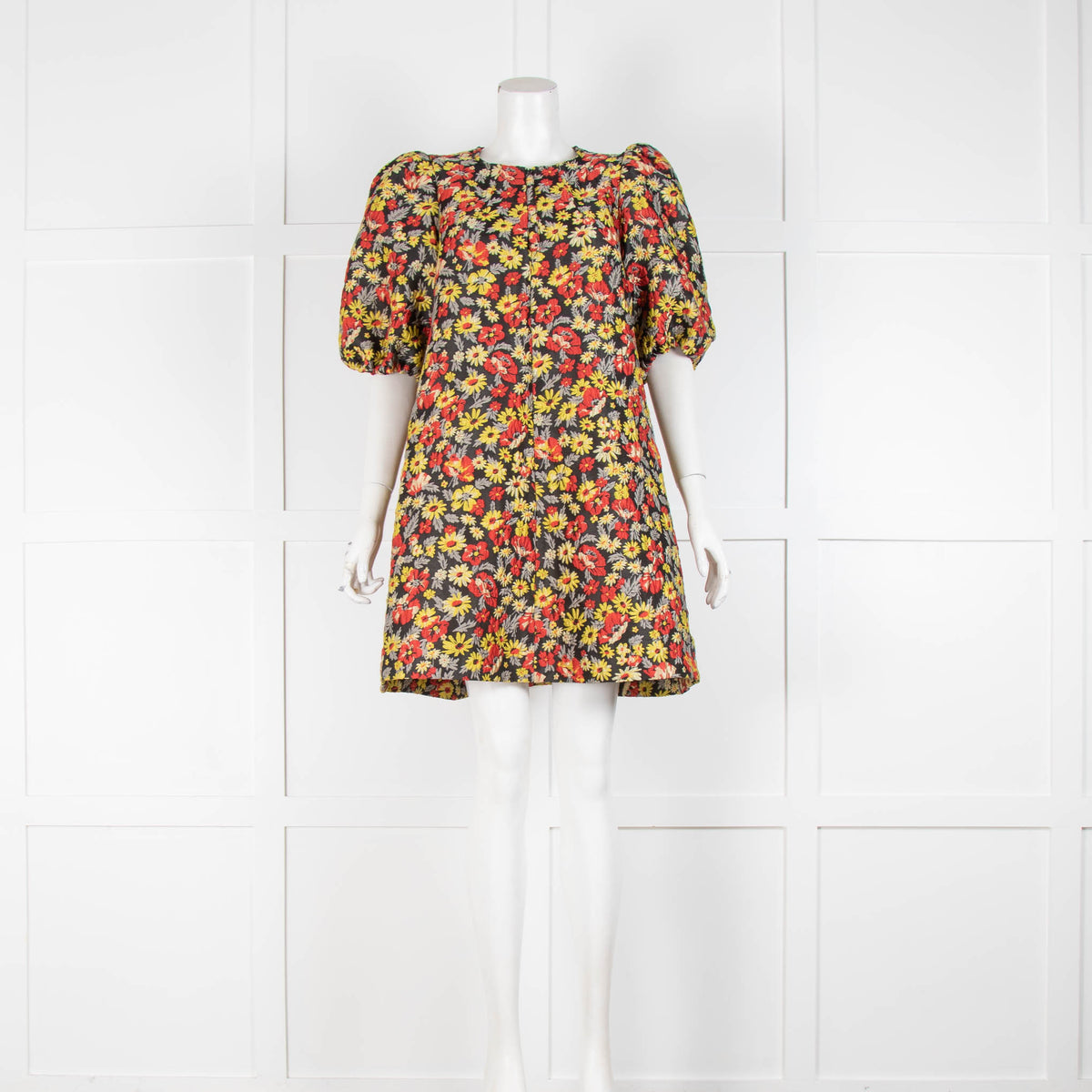 Ganni Black Yellow Floral Puffed Sleeves Mini Dress