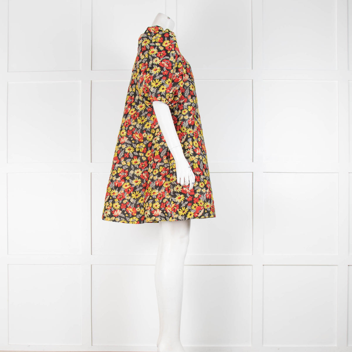 Ganni Black Yellow Floral Puffed Sleeves Mini Dress