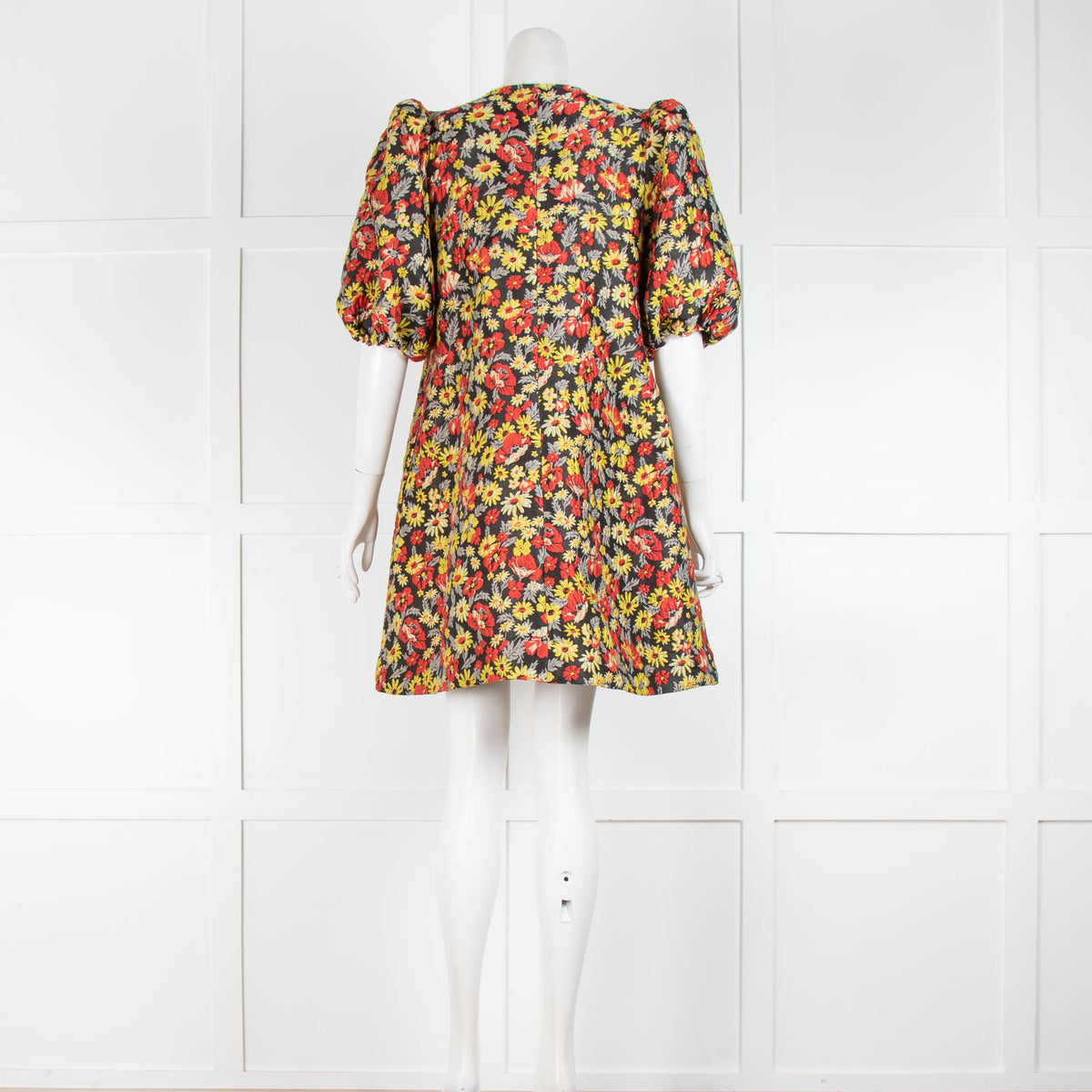 Ganni Black Yellow Floral Puffed Sleeves Mini Dress