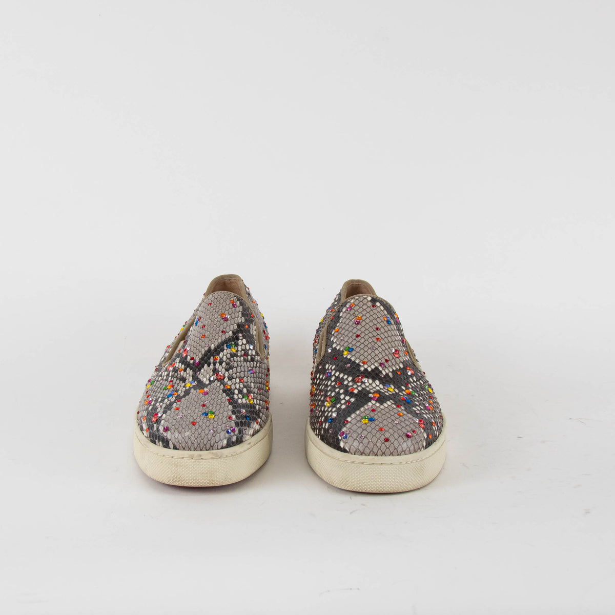 Christian Louboutin Beige Snake Skin Effect Diamante Boat Sneakers