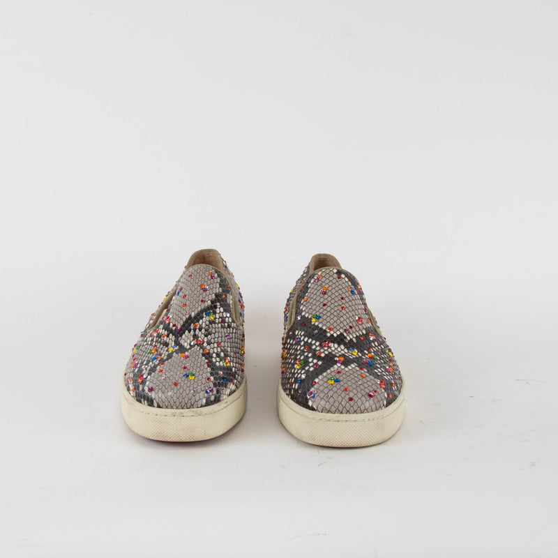 Christian Louboutin Beige Snake Skin Effect Diamante Boat Sneakers