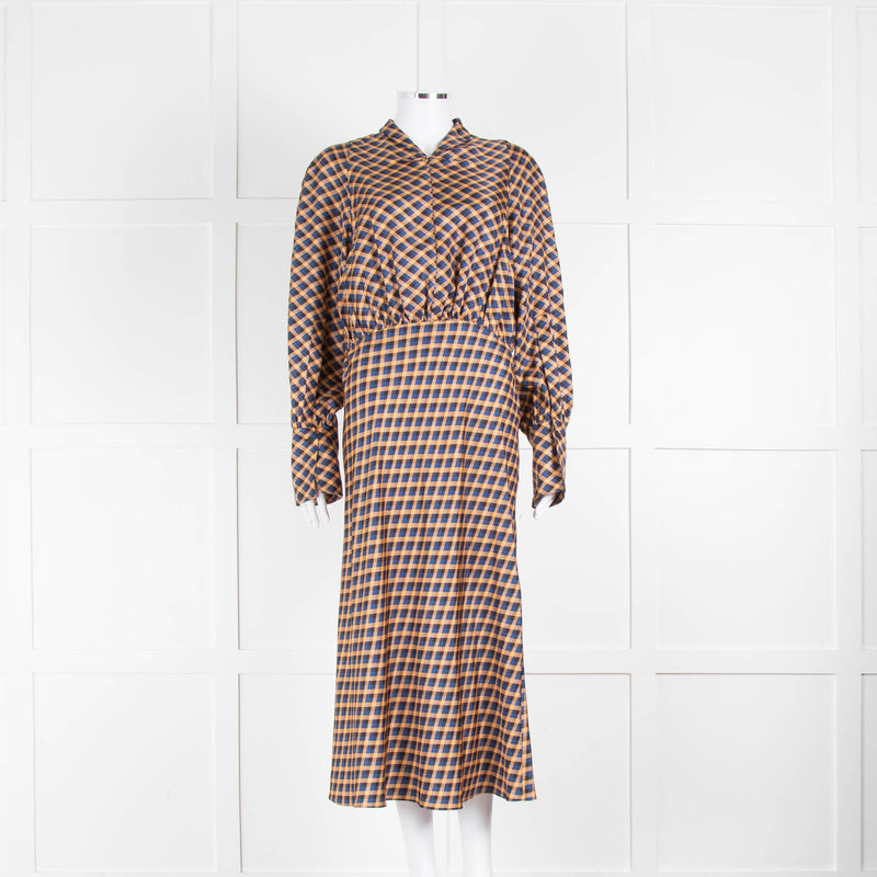Joseph Orange Blue Check Silk Long Sleeve Midi Dress