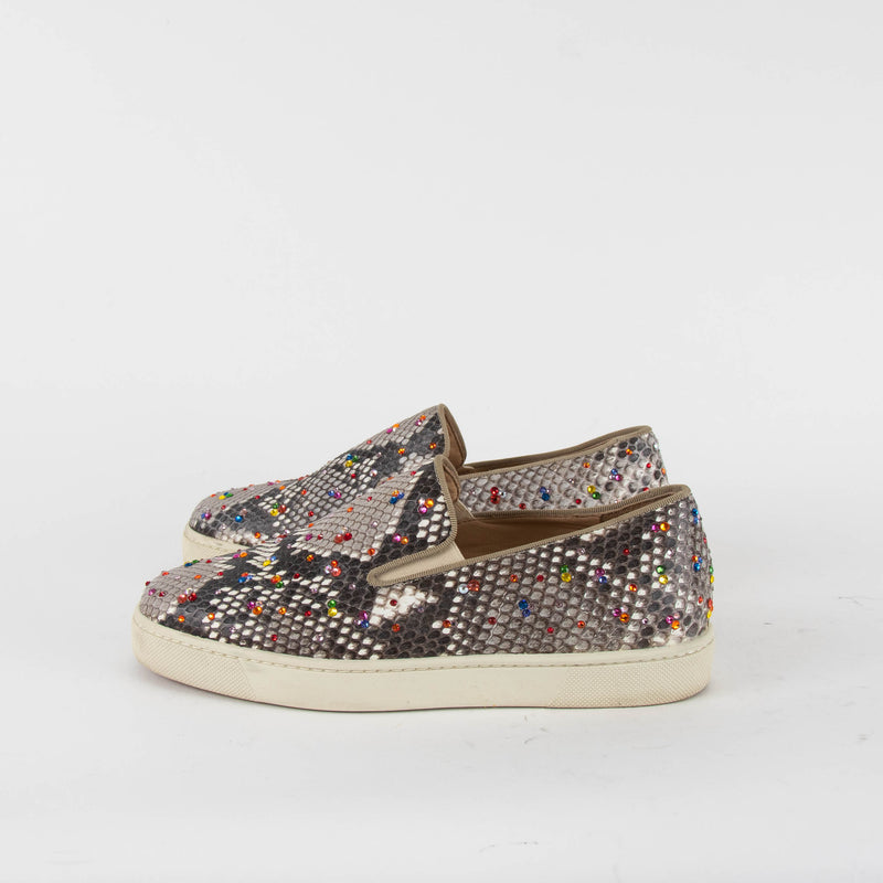 Christian Louboutin Beige Snake Skin Effect Diamante Boat Sneakers