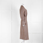 Joseph Orange Blue Check Silk Long Sleeve Midi Dress