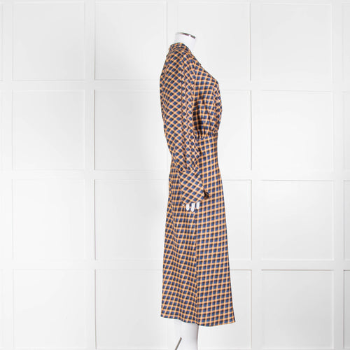 Joseph Orange Blue Check Silk Long Sleeve Midi Dress