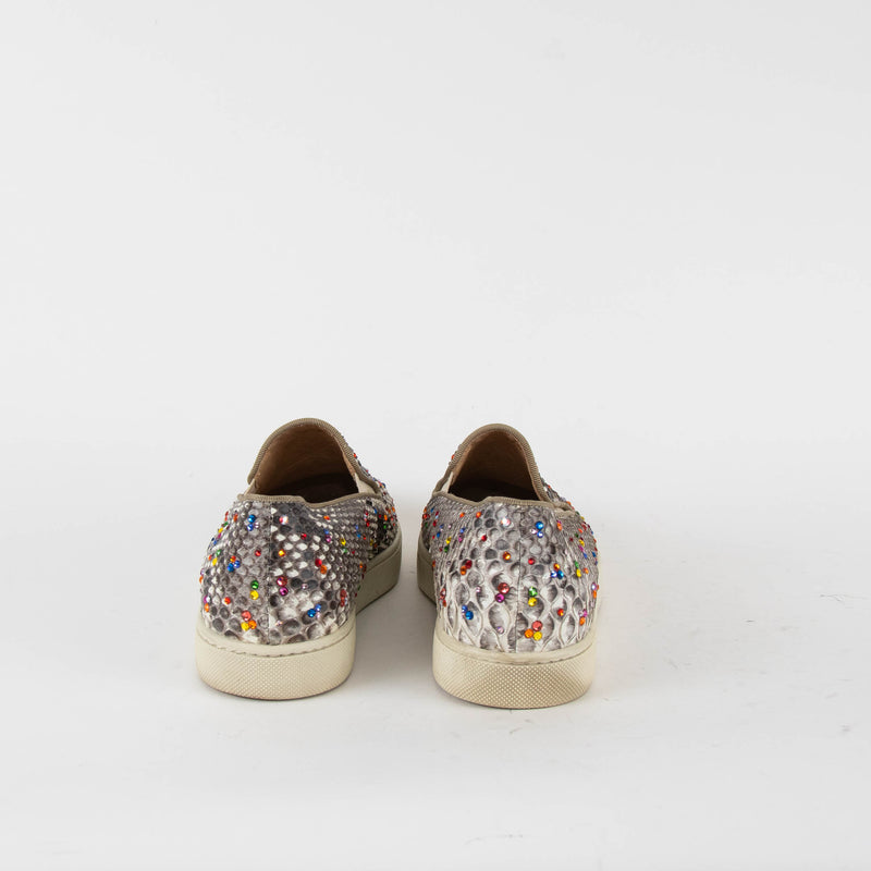 Christian Louboutin Beige Snake Skin Effect Diamante Boat Sneakers