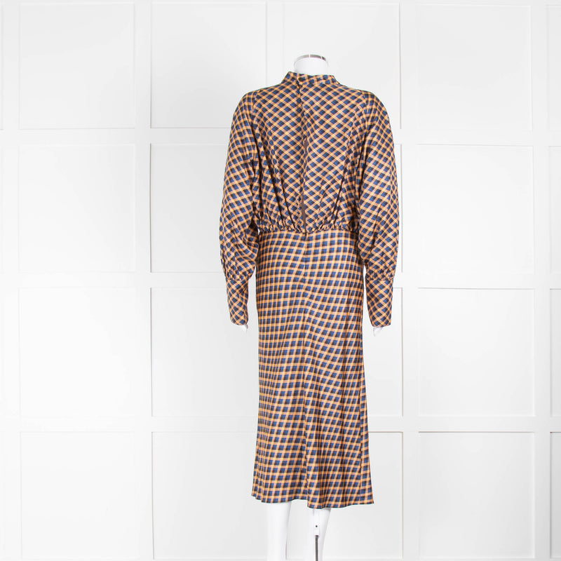 Joseph Orange Blue Check Silk Long Sleeve Midi Dress