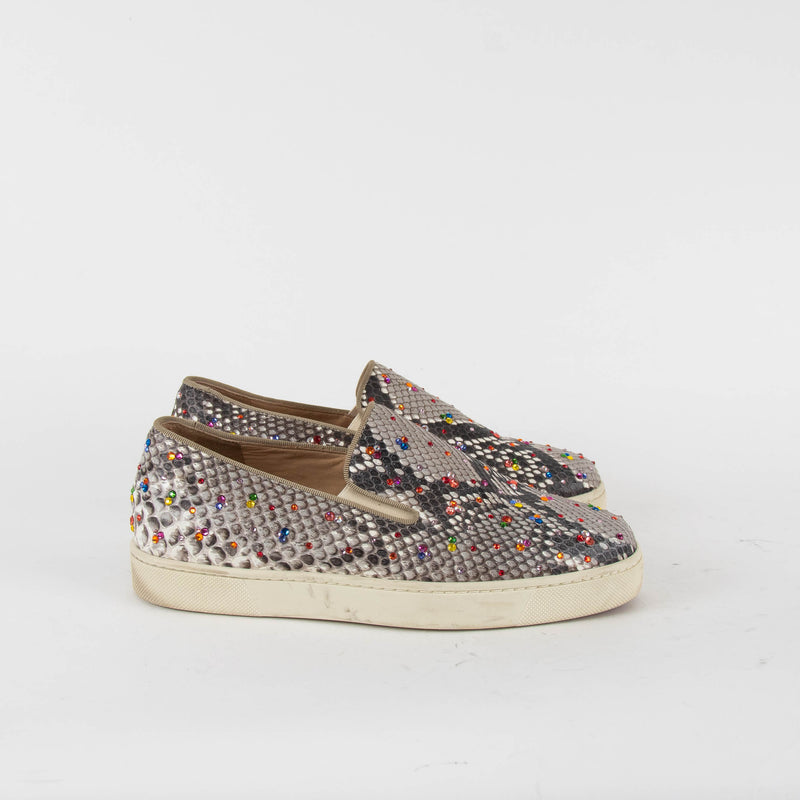 Christian Louboutin Beige Snake Skin Effect Diamante Boat Sneakers