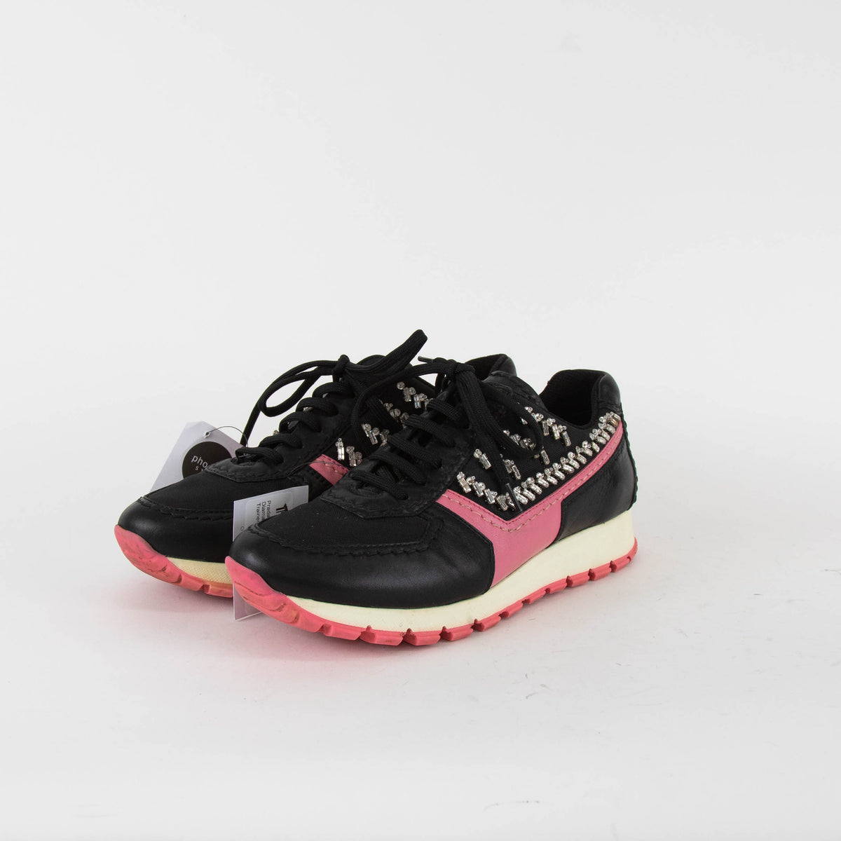 Prada Black Pink Diamante Lace Up Trainers