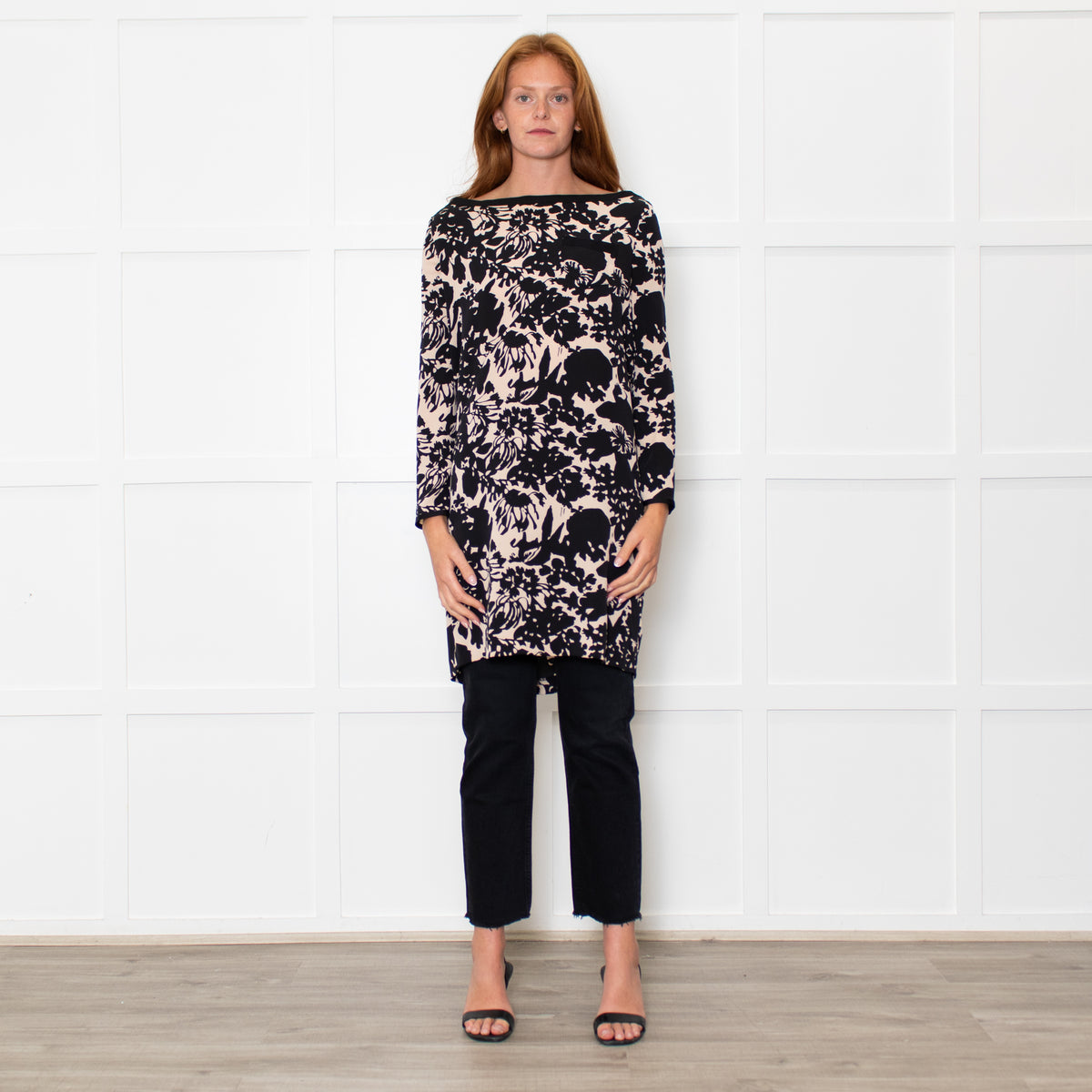 Diane Von Furstenberg Black Beige Floral Tunic