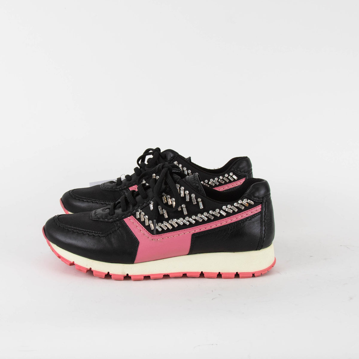 Prada Black Pink Diamante Lace Up Trainers